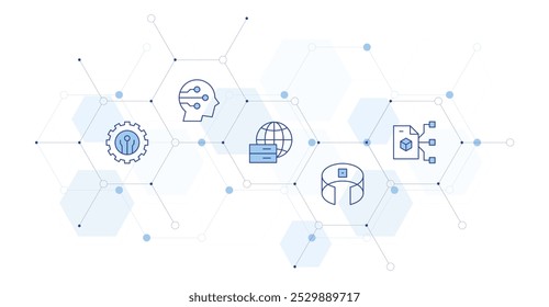 Technology Banner Vector Illustration with Icon Style in Between. Line Duotone icon. Containing smart contract, big data, immersive vr, artificial intelligence, technology.