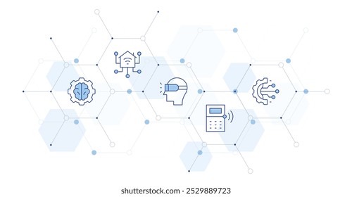 Technology Banner Vector Illustration with Icon Style in Between. Line Duotone icon. Containing virtual reality glasses, digital transformation, calculator, brain, home.