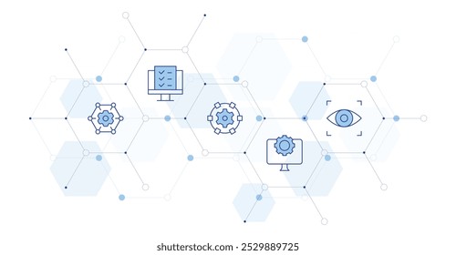 Ilustração de vetor de banner de tecnologia com estilo de ícone no meio. ícone Duotônico de Linha. Contendo usabilidade, computador, scanner ocular, rede, tecnologia.