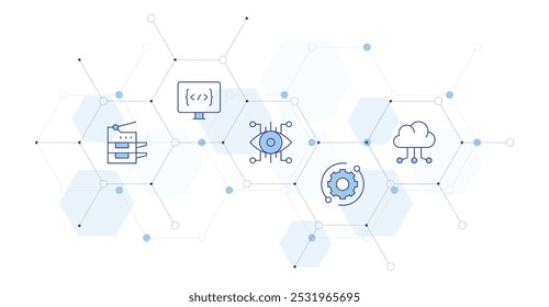 Ilustração de vetor de banner de tecnologia com estilo de ícone no meio. ícone Duotônico de Linha. Contendo codificação, suporte técnico, scanner, olho, servidor em nuvem.