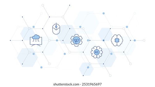 Ilustração de vetor de banner de tecnologia com estilo de ícone no meio. ícone Duotônico de Linha. Contendo inteligência artificial, IA, tecnologia verde, mouse de computador, nuvem.