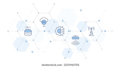 Ilustración vectorial de Anuncio de Tecnología con estilo de icono en el medio. Icono de línea Duotone. Contiene conexión, torre de señal, análisis de datos, sensor de movimiento, 5G.