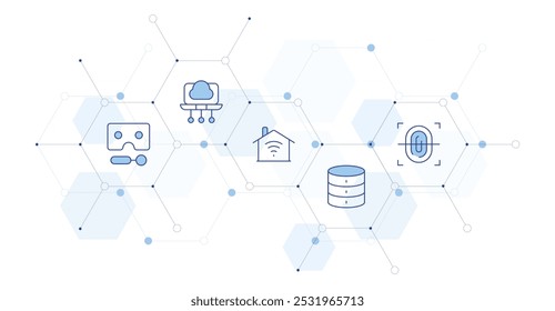 Ilustración vectorial de Anuncio de Tecnología con estilo de icono en el medio. Icono de línea Duotone. Contiene base de datos, computación de borde, gafas de realidad virtual, huellas dactilares, casa inteligente.