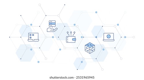 Ilustração de vetor de banner de tecnologia com estilo de ícone no meio. ícone Duotônico de Linha. Contendo laptop, tecnologia, hospedagem, carteira.