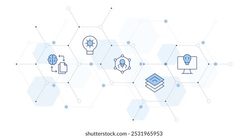 Technology Banner Vector Illustration with Icon Style in Between. Line Duotone icon. Containing idea, transfer, gear, nanotechnology, platform.