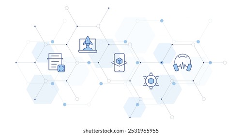 Ilustração de vetor de banner de tecnologia com estilo de ícone no meio. ícone Duotônico de Linha. Contendo fones de ouvido, ocr, start-up, grafeno, realidade aumentada.