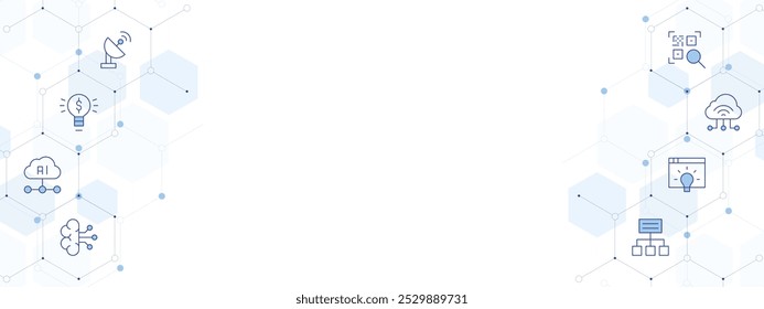 Technology Banner Vector Illustration with Two-sided Icon Style. Line Duotone icon. Containing artificial intelligence, light bulb, satellite, barcode, iot, project, idea.