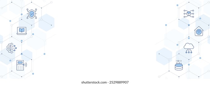 Technology Banner Vector Illustration with Two-sided Icon Style. Line Duotone icon. Containing smart home, online learning, security, digital transformation, calculator, artificial intelligence.