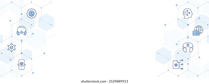 Technology Banner Vector Illustration with Two-sided Icon Style. Line Duotone icon. Containing headphones, smart contract, big data, immersive vr, graphene, augmented reality, artificial intelligence,