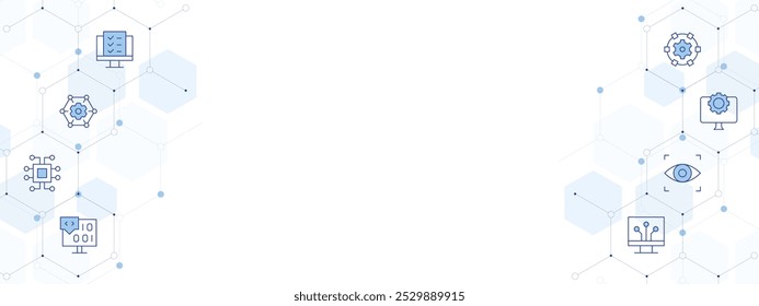 Technology Banner Vector Illustration with Two-sided Icon Style. Line Duotone icon. Containing digitalization, usability, coding, computer, eye scanner, network, technology, chip.