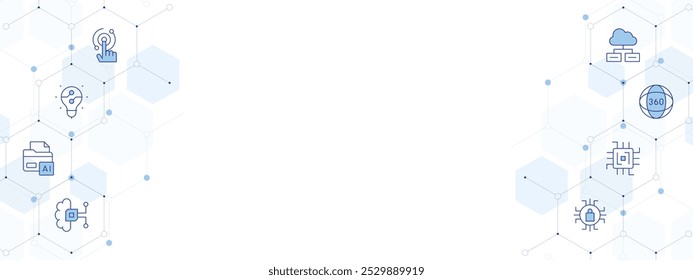 Technology Banner Vector Illustration with Two-sided Icon Style. Line Duotone icon. Containing degrees, touch, idea, folder, artificial intelligence, cloud computing, browser, chip.