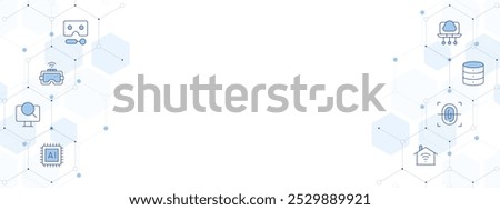 Technology Banner Vector Illustration with Two-sided Icon Style. Line Duotone icon. Containing database, edge computing, vr glasses, virtual reality glasses, fingerprint, ai, smart house, computer.