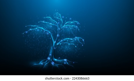 Technologie Big Data Baum digital auf blauem, dunklem Hintergrund. futuristisches Low-Poly-Wireframe-Konzept. Vektorgrafik digitales fantastisches High-Tech-Design. Netzwerkspeicherverbindung.