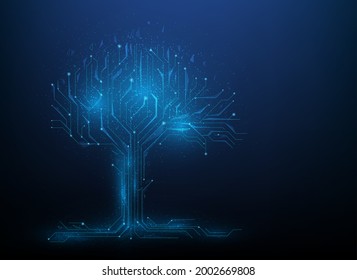 technology big data tree network on blue dark background. futuristic low poly wireframe concept. vector illustration digital design.