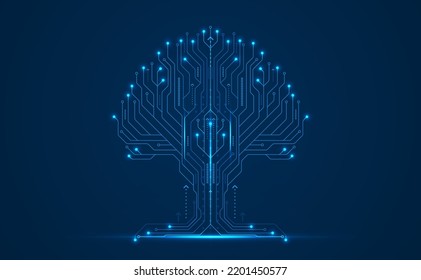 Technology Big Data Tree Network auf blauem Hintergrund. Digitaler Leiterplatten-Internetanschluss. High Tech