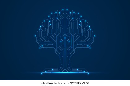 Technology big data tree network on blue background. Digital circuit board internet connection. Hi-tech