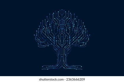 Technology big data tree network on blue background. Digital circuit board internet connection. Hi-tech