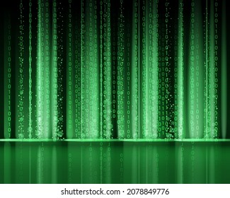 Technology Binary abstract background, matrix style, green color, falling numbers. Digital binary data flow dust on screen. Programming concept, secure data, hacking, piracy, technology, internet
