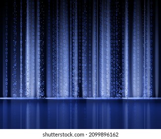 Technology Binary abstract background, matrix style, blue color, falling numbers. Digital binary data flow dust on screen. Programming concept, secure data, hacking, piracy, technology, internet