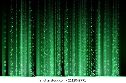Technology Binary abstract background, matrix style, green color, falling numbers. Digital binary data flow dust on screen. Programming concept, secure data, hacking, piracy, technology, internet