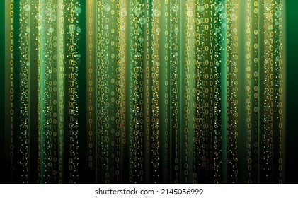 Technology Binary abstract background, matrix style, green color, falling numbers. Digital binary data flow dust on screen. Programming concept, secure data, hacking, piracy, technology, internet