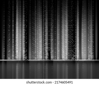 Technology Binary abstract background, matrix style, black color, falling numbers. Digital binary data flow dust on screen. Programming concept, secure data, hacking, piracy, technology, internet