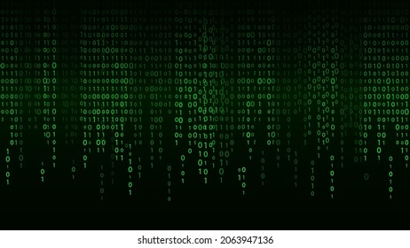 Código binario de tecnología. Dígitos verdes al azar en la pantalla. Software hackeado. Fondo de la ciencia matricial. Análisis de grandes datos.