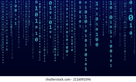 Código binario de tecnología. Dígitos azules al azar en la pantalla. Software hackeado. Fondo de la ciencia matricial. Análisis de grandes datos.