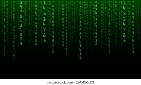 Technology binary code. Random falling green digits on screen. Hacked software. Matrix sciense background. Big data analytics.