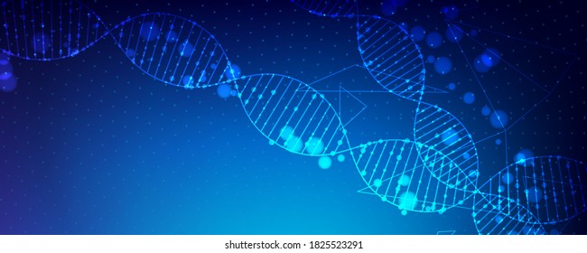Tecnología y biología de fondo abstracto con adn, moléculas y estructura digital. Ilustración vectorial de datos médicos.