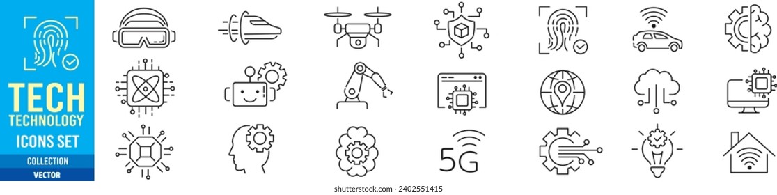 Technology, Biometric, Robot, Hyper loop, Cloud computing, AI, 5g, Lan, editable icon collection vector