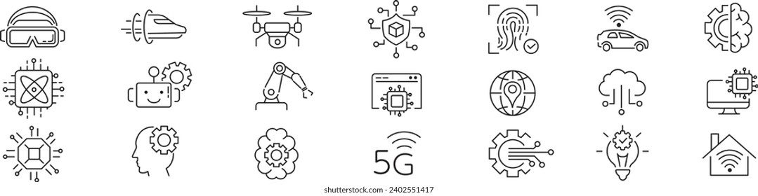 Technology, Biometric, Robot, Hyper loop, Cloud computing, AI, 5g, Lan, editable icon collection vector