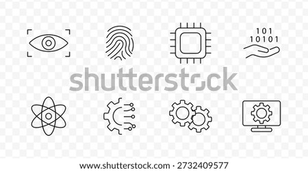 Technology and biometrics set icon. Line icons showing eye scan, fingerprint, microchip, binary hand, atom, gear nodes, gear pair, and computer monitor