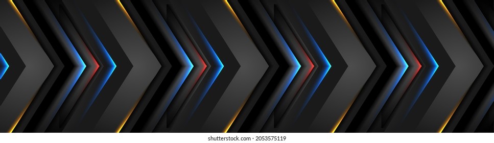 Technology black abstract background with glowing neon arrows. Vector geometric futuristic banner design