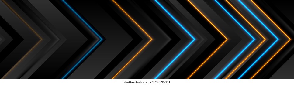 Technology black abstract banner design with neon arrows. Vector geometric background