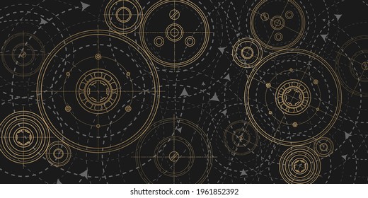 Technology black background.Technical drawing of gears .Engineering concept.Rotating mechanism of round parts .Geometric rhombuses. Vector illustration	