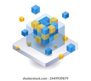 Technology blockchain network box flat isometric illustration