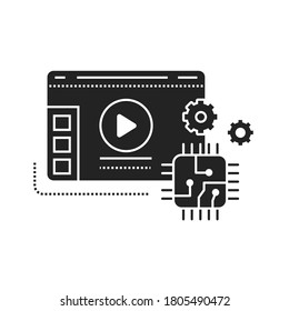 Technologie-Blog Website schwarze Glyphe Symbol. Übersicht über Technologie und Modelle Gadgets und Geräte Video-Streaming. Vlogging-Zeichen. Piktogramm für Webseiten, mobile App, Promo. UI UX GUI-Design-Element