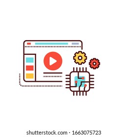 Icono de la línea de color del sitio web del blog de tecnología. Descripción general de la tecnología y modelos gadgets y dispositivos transmisión de vídeo. Signo Vlogging. Pictograma para página web, aplicación móvil, promoción. Elemento de diseño GUI de UI UX.