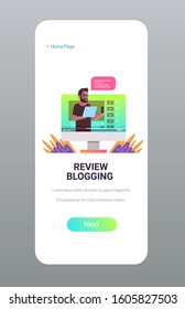 technology blogger recording online video man testing new cellphone review blogging concept vlogger explaining digital gadget functional smartphone screen mobile app copy space vector illustration