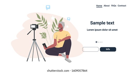 technology blogger testing new smartphone man explaining digital gadget functional recording video live streaming social media blogging concept full length horizontal copy space vector illustration