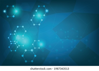 Technology blue background with abstract particle hexagon connected by line. Template of network connection with line and dot and blue light shiny on black.