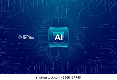 Technology Blue Background with AI Chip, Circuit Board, Semiconductor, and Vector Polygonal Wireframe Illustration - Artificial Intelligence Concept with Free Text Space