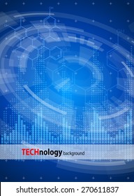Technology blue background - radial HUD interface elements, digital waves, chemistry forms. Vector illustration / Eps10