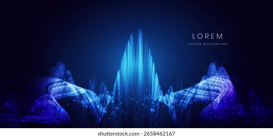 Líneas de onda brillantes azules de Tecnología con efecto luminoso y brillo sobre fondo azul oscuro. Concepto futurista. Ilustración vectorial