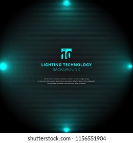 Technology blue lighting glow effect with spotlight on black horizontal lines background and texture. Vector illustration