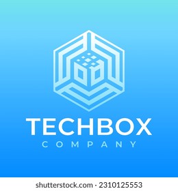 Technology box abstract logo vector. Blue digital geometric cube logo design. 