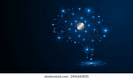 Technology brain circuit board with microchip processor on dark blue background. Data processing concepts. Circuit board high tech technology background. Vector illustration	