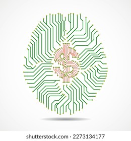 Technology brain with dollar sign inside isolated on white background, creative idea