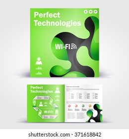 Technology brochure. Color application booklet template design for corporate identity with statistics and infographics. Cover layout and infographics. Business stationery.